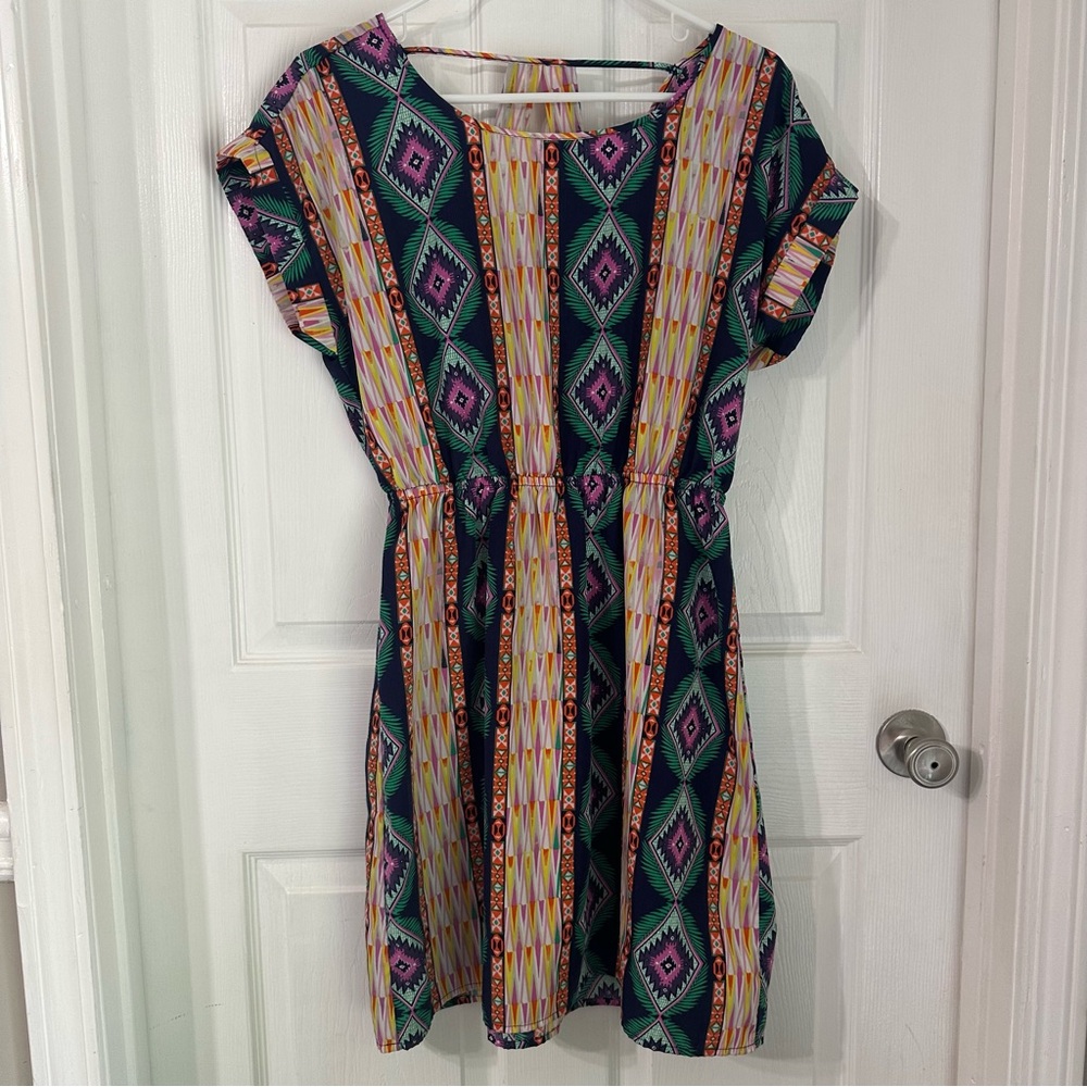 Pink Rose tribal print detailed back, multi colored dress size large